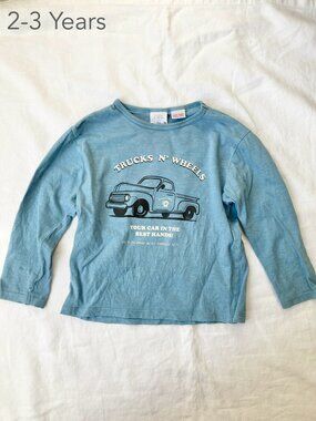 🪴5/$30 Zara 2-3 Years Toddler Boy Girl Truck Vehicle Blue Long Sleeve Tee